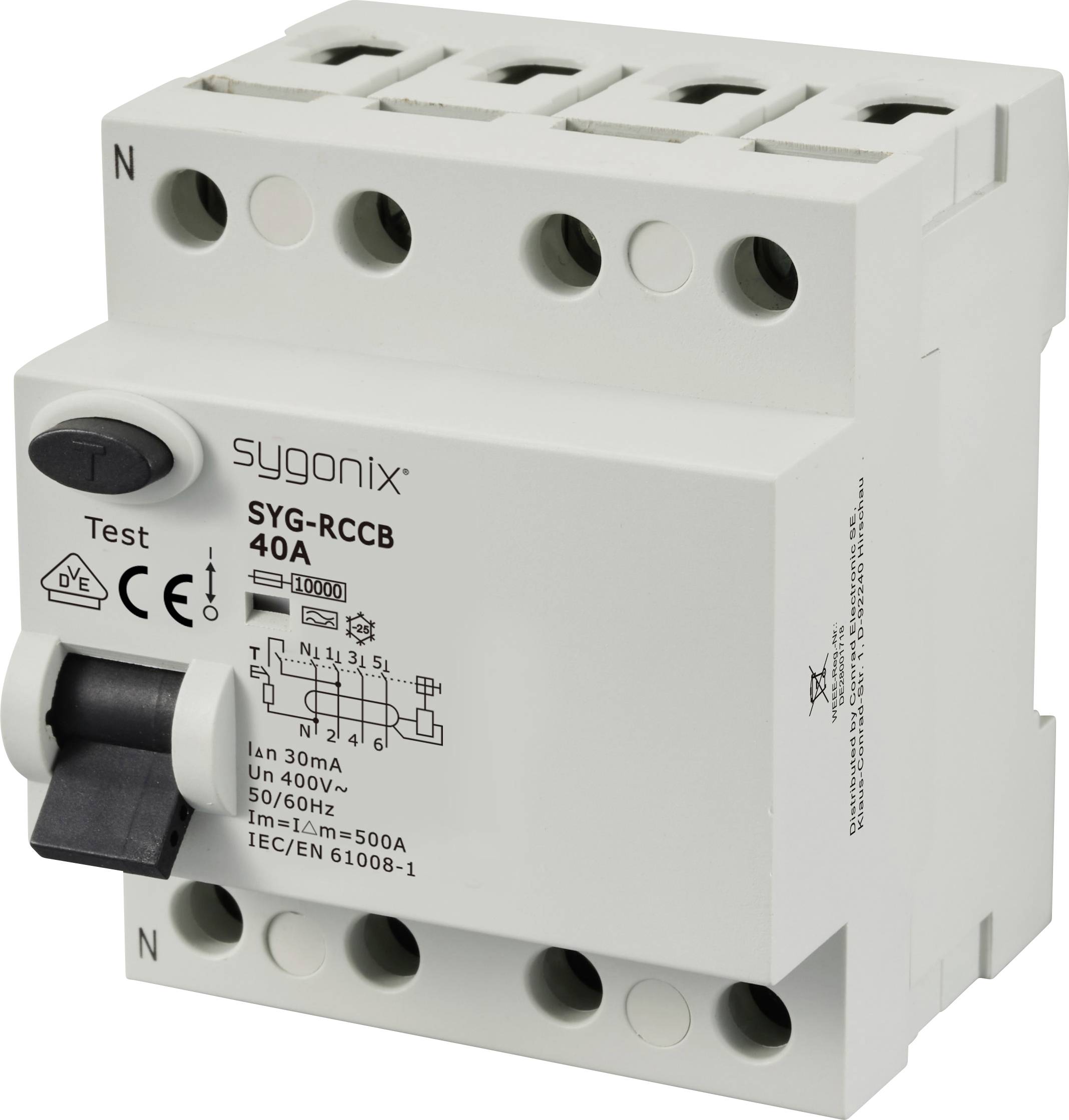 Fejlstrømsafbryder SYG-RCCB 40A fra Sygonix med fire indgange, testknap og CE-certificering, egnet til 400V, 50/60Hz.