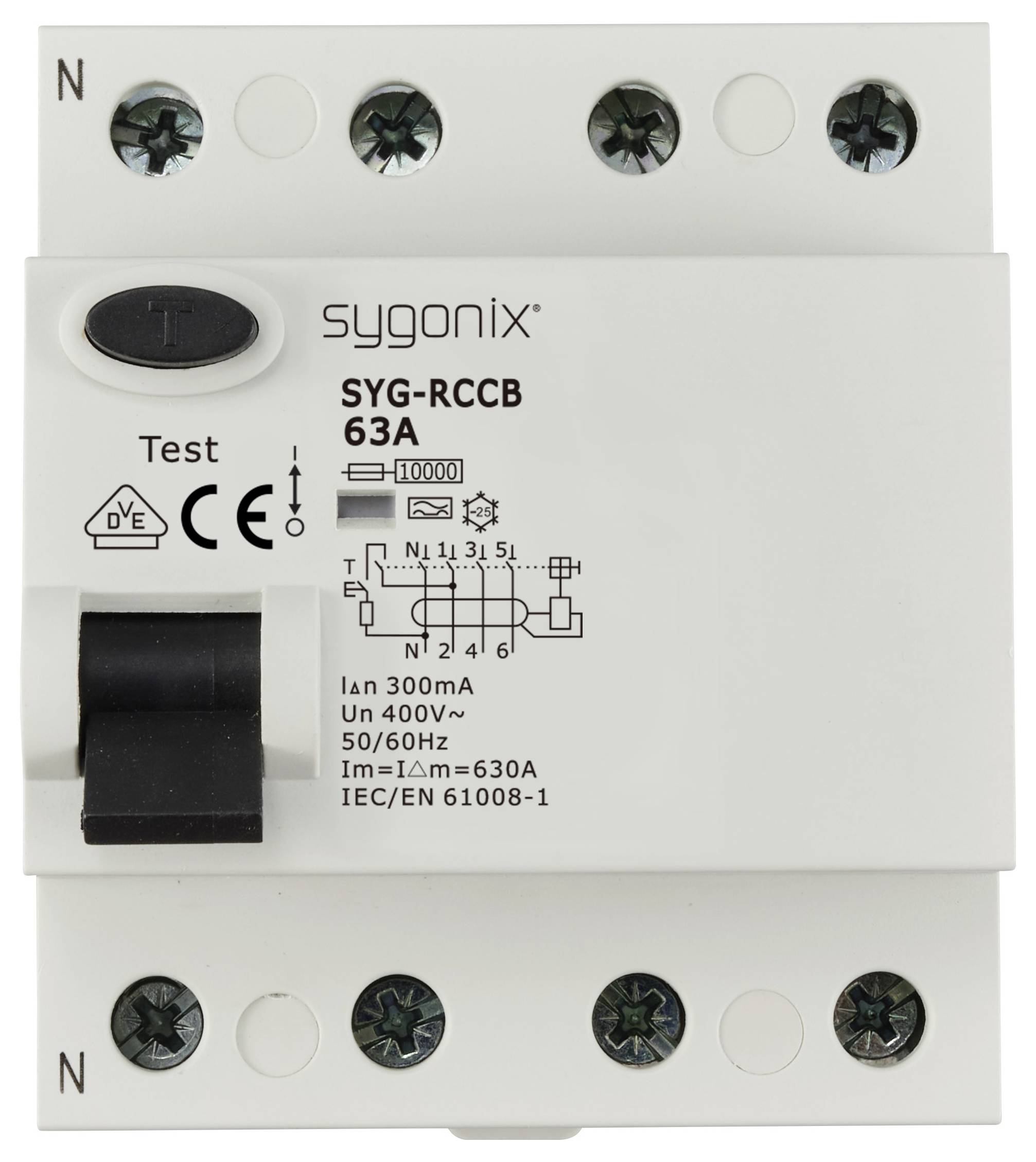 En HPFI-afbryder med påskriften 'sygonix SYG-RCCB 63A'; tekniske data: 400V, 50/60Hz, IEC/EN 61008-1.