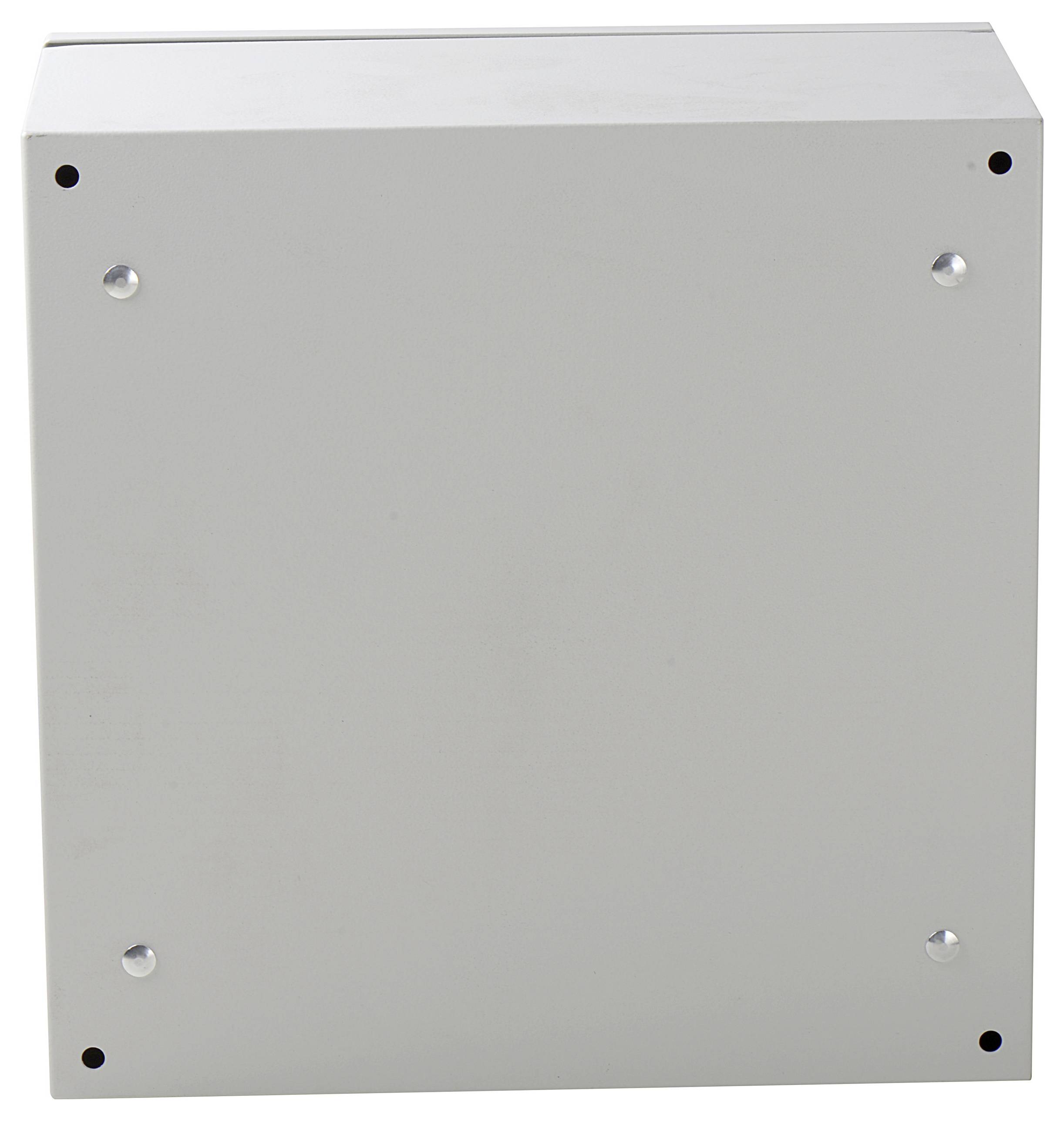 Grå, firkantet metalindbygning med fire synlige skruer i hjørnerne.
