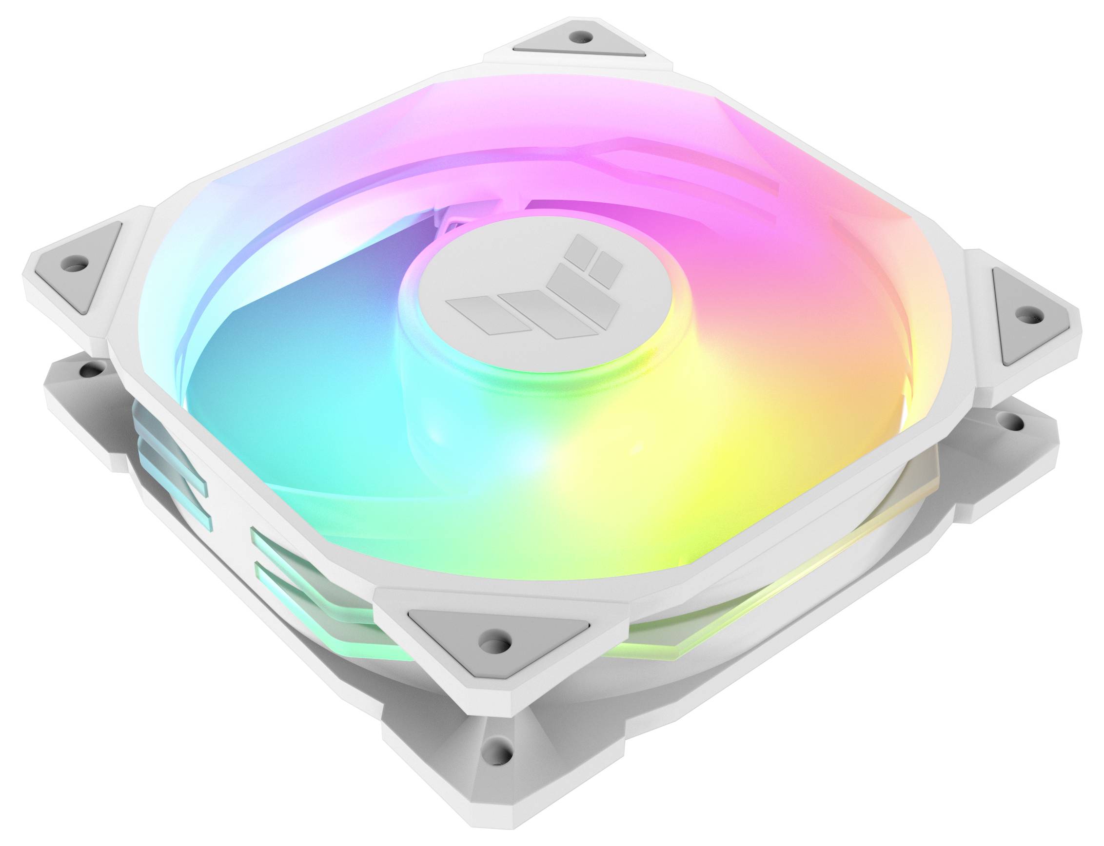 En hvid computerfan med RGB-belysning, der lyser i regnbuens farver. Ventilatoren har et moderne, kantet design.
