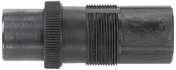Et sort, cylinderformet plastikemne med flere riller og gevind, muligvis et forbindelseselement eller en adapter.