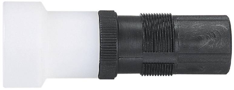 Et sort plastikkomponent, som er forbundet med et hvidt, cylinderformet afsnit. Det kunne være en del af et rørsystem.
