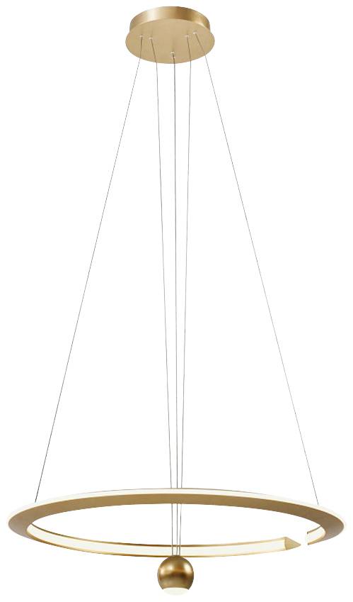 Gylden, rund pendellampe med moderne, elegant form. Hænger i tynde tråde fra loftet.