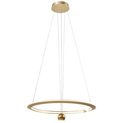 Gylden, rund pendellampe med moderne, elegant form. Hænger i tynde tråde fra loftet.