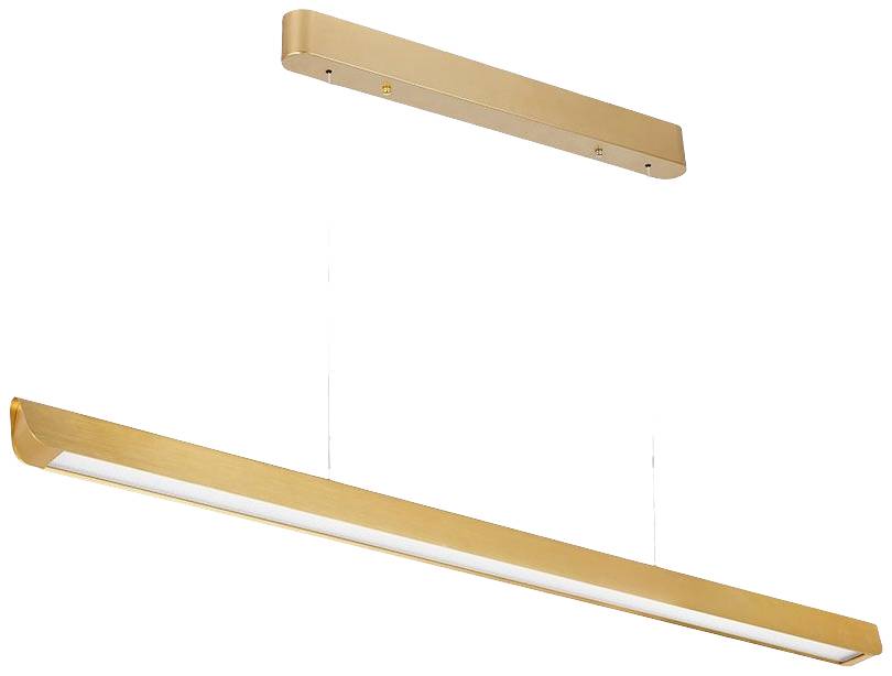 En moderne, gylden, lineær pendel med et klart, minimalistisk design, svæver horisontalt i tynde kabler.