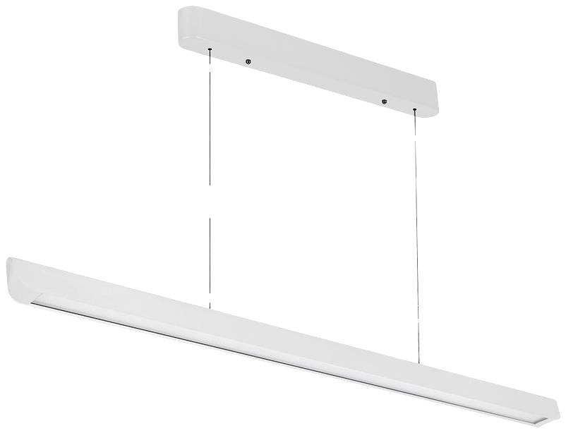 En hvid, moderne LED-pendel, rektangulær, fastgjort med to tynde kabler ved ophænget. Ideel til kontorer.