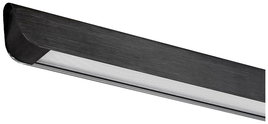 En moderne, sort loftslampe med rektangulær form og integreret LED-stribe. Perfekt til minimalistisk rumindretning.