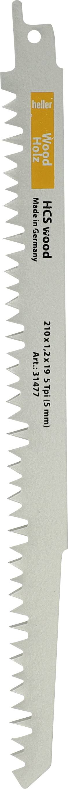 En smal frem- og tilbagegående savblade med trykt tekst 'HCS wood' og 'Princeton', vist lodret på hvid baggrund.