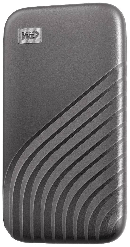 Ekstern harddisk fra WD med grå, glat kabinet og diagonale linjer på forsiden.