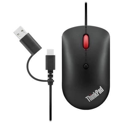 Sort computermuse med rødt scroll-hjul, forbundet via et USB-kabel med USB-C-adapter.