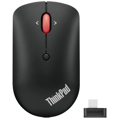 Sort Lenovo ThinkPad mus med rødt scrollhjul og trådløs USB-modtager, egnet til computerbetjening.