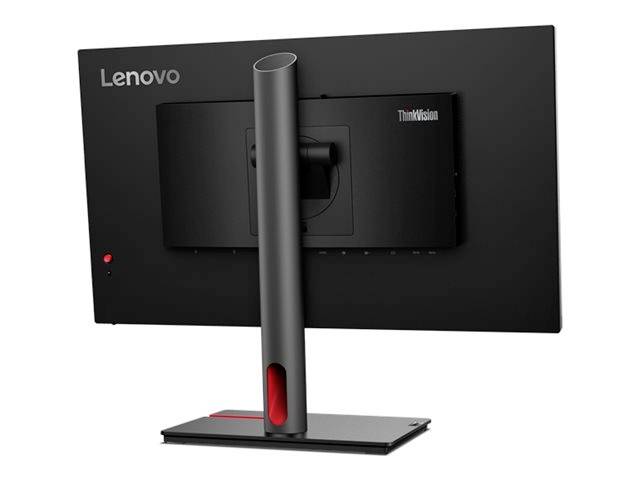 En Lenovo-skærm med sort kabinet, set bagfra. ThinkVision-logoet og en slank, rund fod er synlige.
