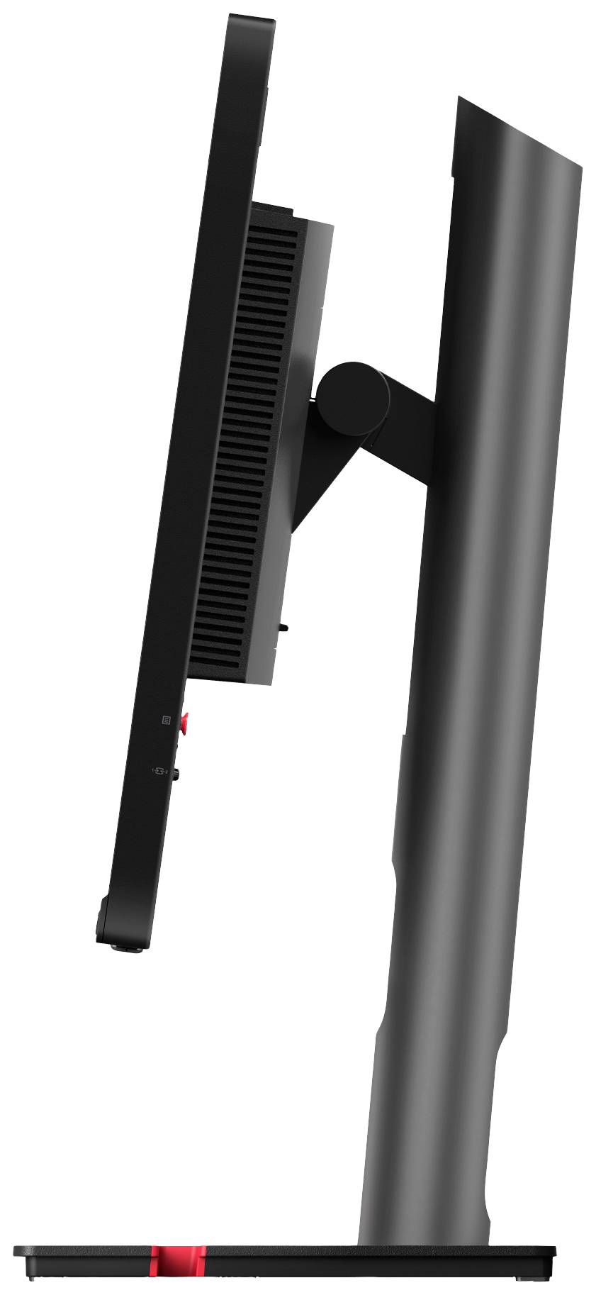 Sidevisning af en moderne computerskærm med slankt, sort design på en solid fod. Skærmen har justerbar højde.