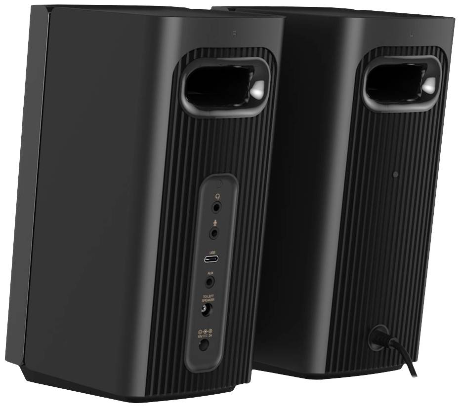 Sorte højttalere med tilslutninger på bagsiden, herunder USB, AUX og strømstik. Moderne, lodret design.