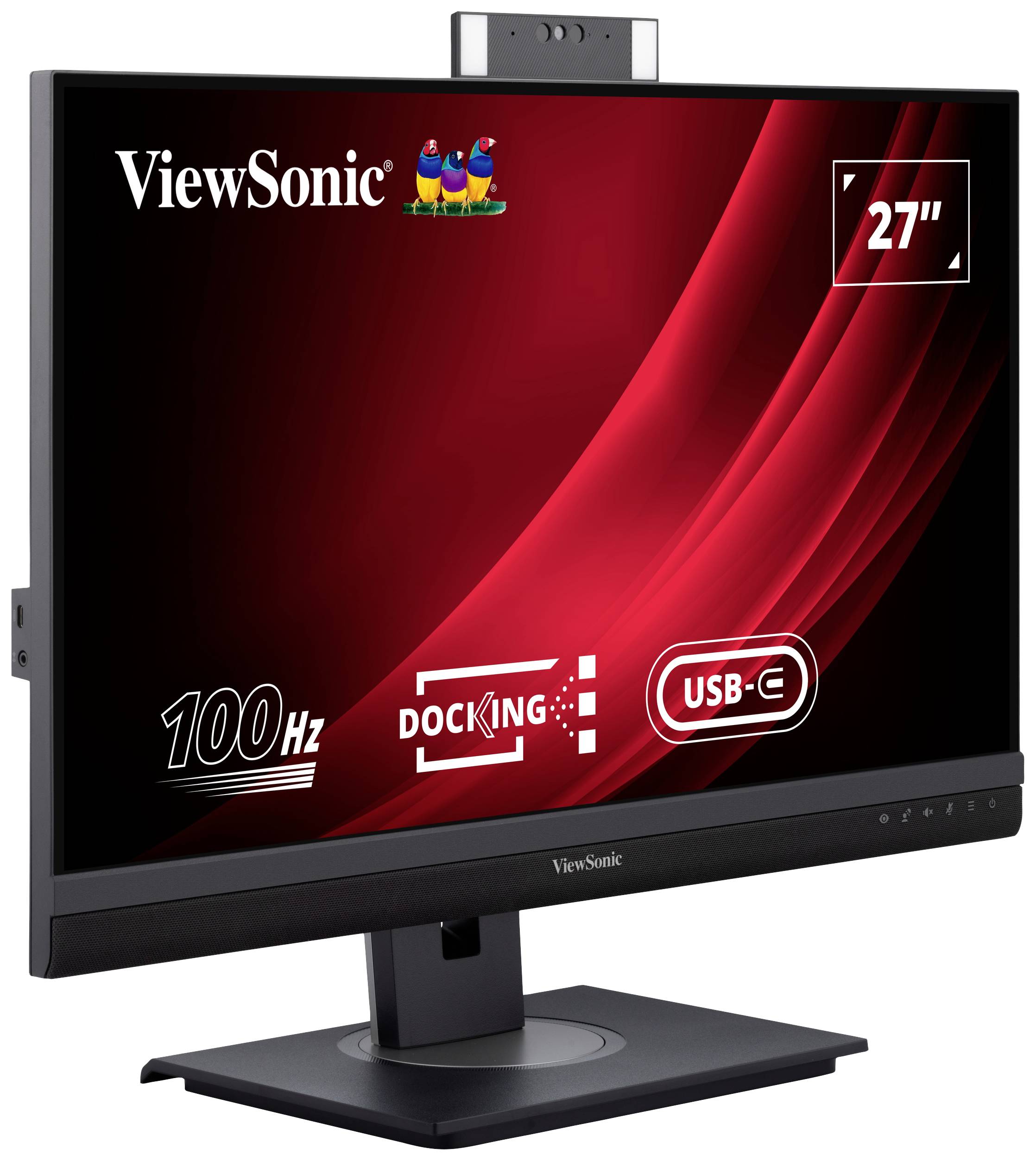 En ViewSonic-skærm viser specifikationer: 27 tommer, 100 Hz, USB-C-port, docking-funktion. Skærm med rød baggrund.