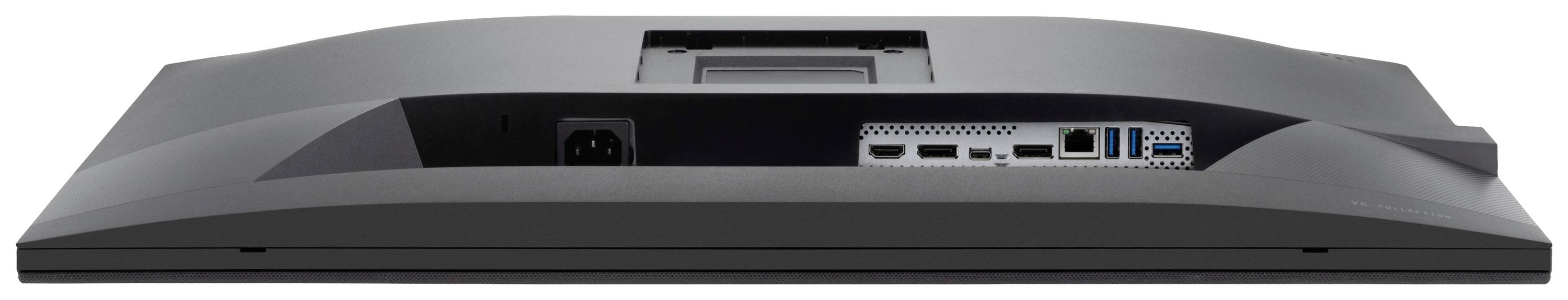 Bagsiden af en computerskærm med forskellige tilslutningsmuligheder, herunder HDMI, USB og Ethernet-stik.