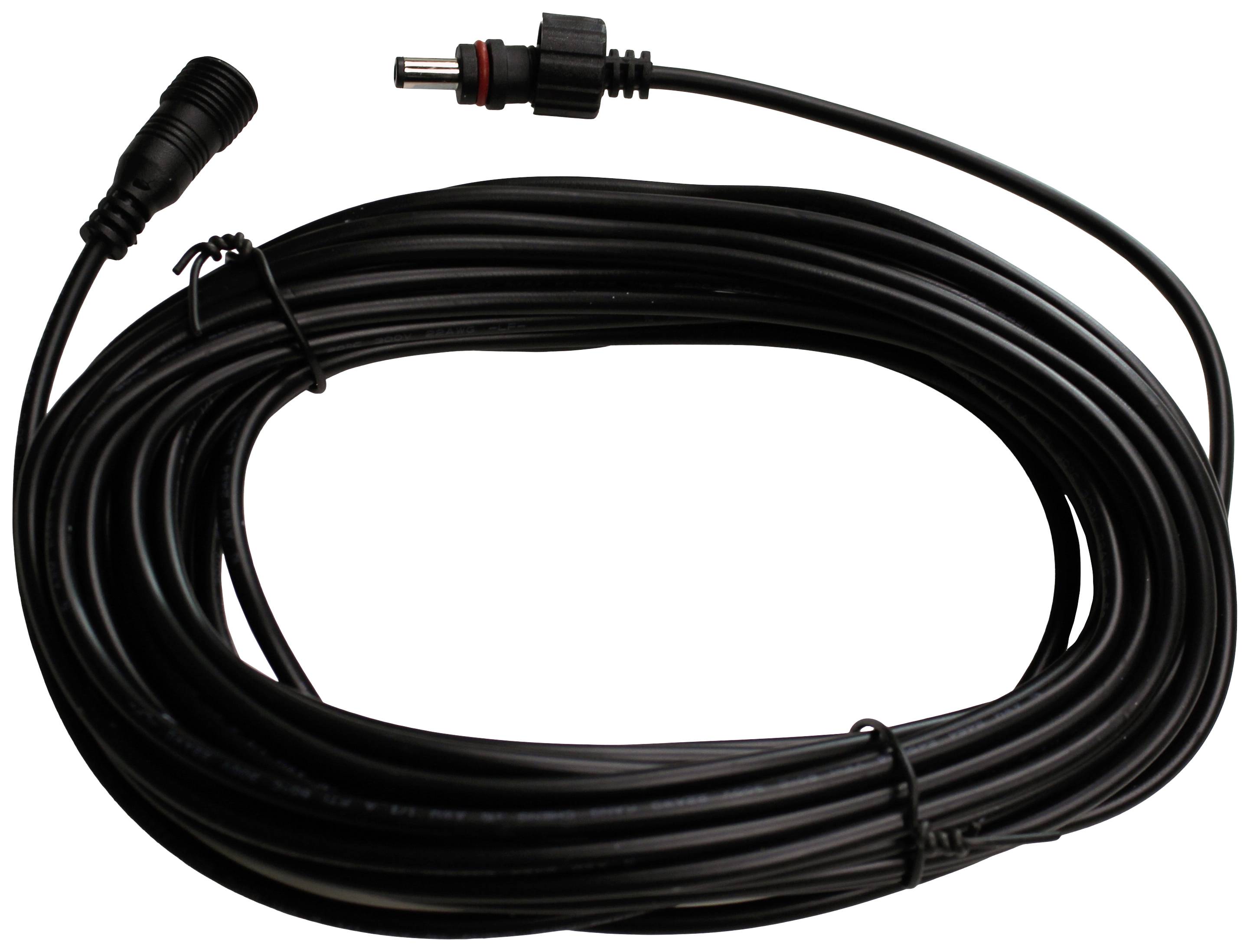 Et langt, oprullet sort kabel med to stik i enderne, egnet til elektriske forbindelser.