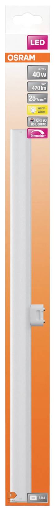 Emballage til OSRAM LED-lysstofrør, 40 watt, i varmt hvidt lys. Energiklasse A+. Egnet til rum i klasse F.