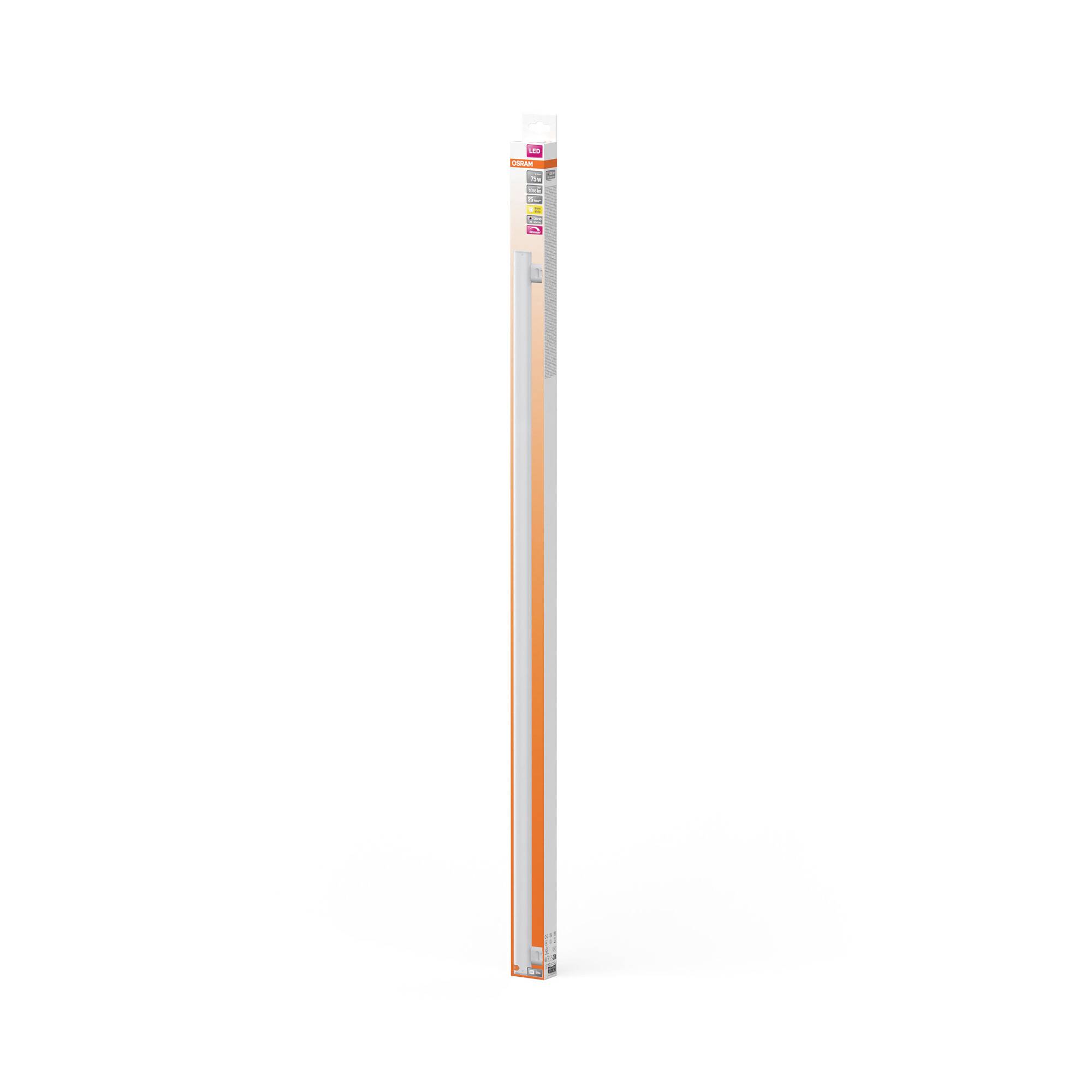 En lang, orange LED-rørserstatning i en gennemsigtig emballage, stående oprejst mod en hvid baggrund.