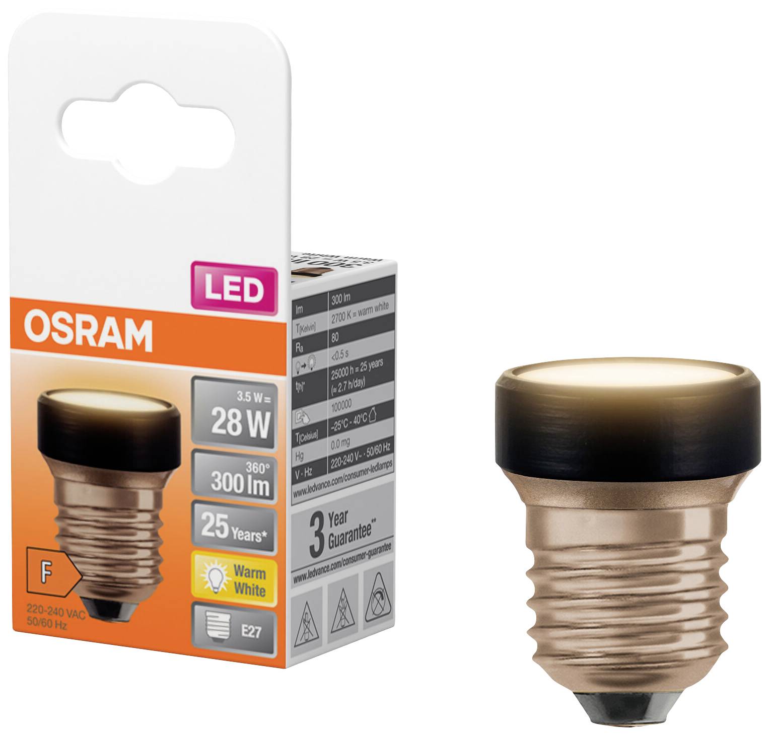 Billedet viser en OSRAM LED-pære i bronze-finish med E27-sokkel. Emballage og produkt er vist ved siden af hinanden.