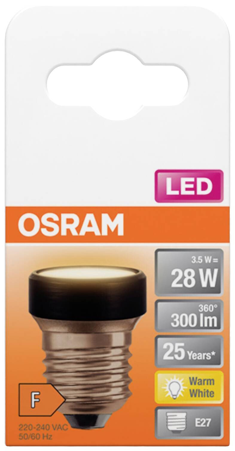 'OSRAM LED-pære, 28 W, 300 lm, varmt hvidt lys, levetid på 25 år, energiklasse F, E27 sokkel.'