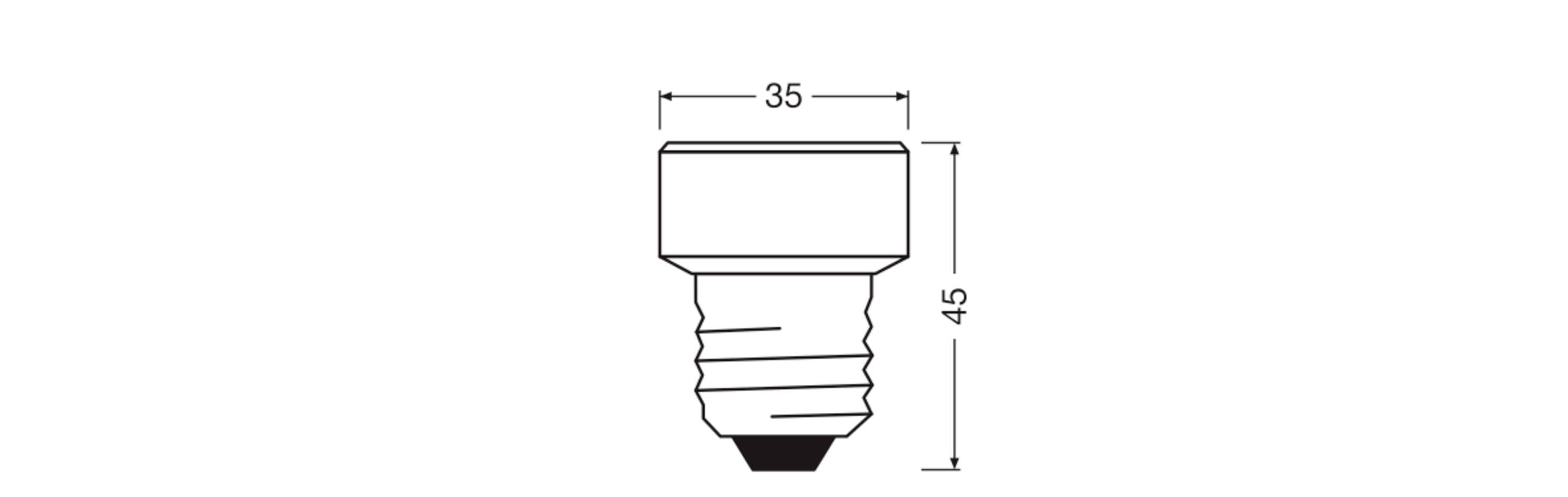 En teknisk tegning viser en skrue med en samlet længde på 45 mm og et hoved, der er 35 mm bredt.