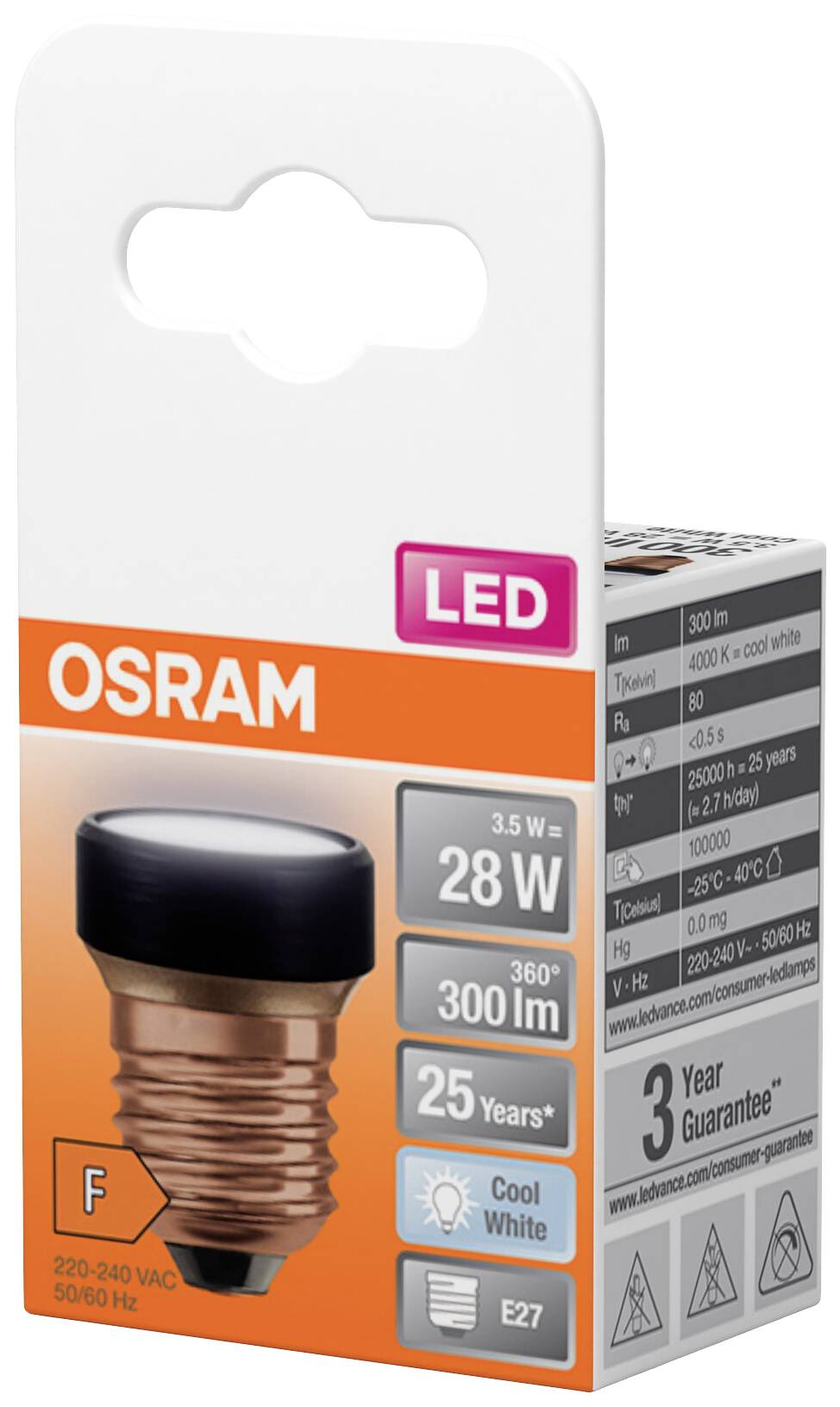 LED-pære fra OSRAM i originalemballage. 28 watt, 300 lumen, E27 fatning. Lover 25 års levetid. Kølig lysfarve.