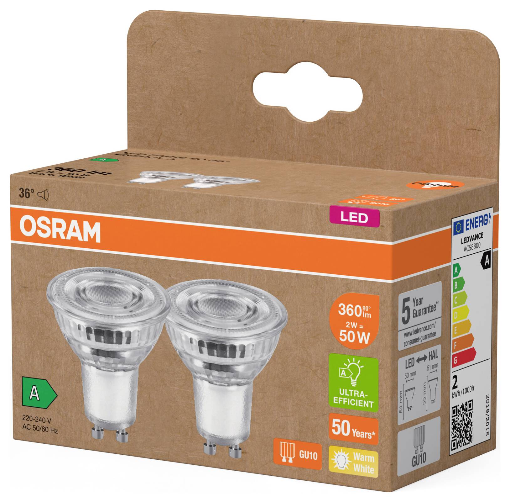 To mærker LED-pærer fra Osram i en pakke. Æsken fremhæver energieffektivitet, varmt hvidt lys og en 5-årig garanti.