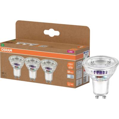 OSRAM LED-pære pakke med tre pærer i en æske og en pære vist uden for æsken, produktemballage på hvid baggrund.
