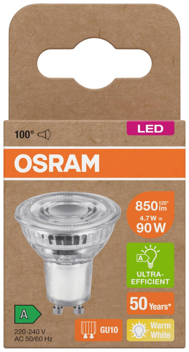 LED-lampe fra OSRAM, 850 lumen, 90 watt, varm hvid. Energieffektivitetsklasse A, levetid op til 50 år, GU10 sokkel.