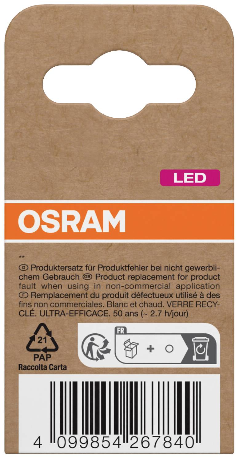 Papemballage til en OSRAM-pære, 'LED', med genbrugs- og bortskaffelsesanvisninger, stregkode og produktionsinformationer.