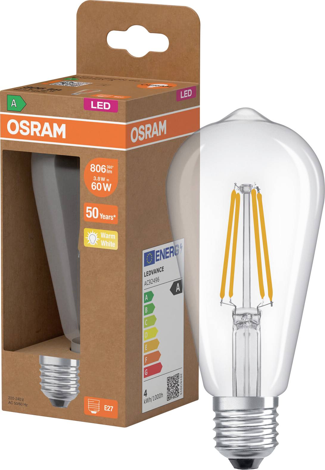 OSRAM LED-pære i detailkasse, mærket med '806 lm', '8,5 W', '60 W', 'Varm hvid' og 'E27'-fatning.