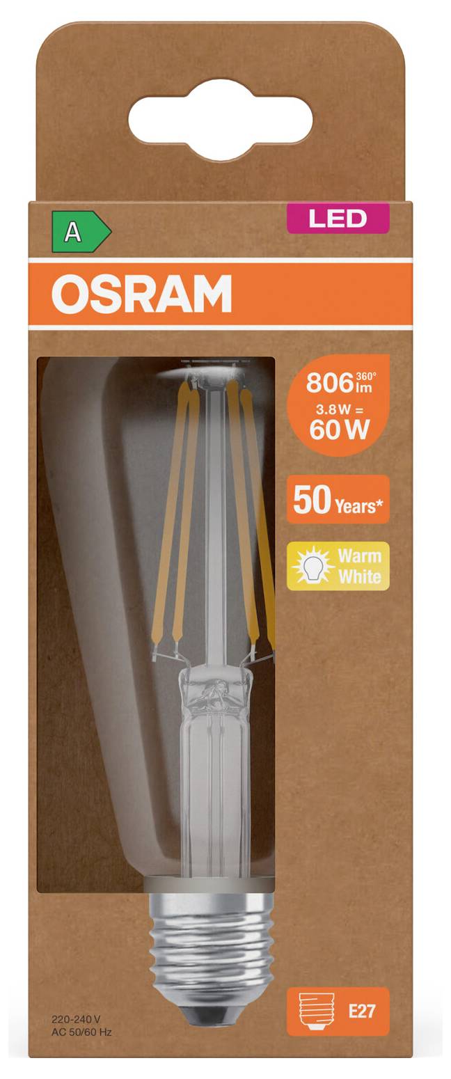 OSRAM LED glødtrådslampe, 3,8W 60W-ækvivalent, 806 lumen, varm hvid, E27-sokkel.