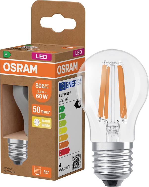 OSRAM HOMELIGHTING 4099854255243 LED (RGB)-lamp EEK A (A - G) E27 Dråbeform 3.8 W = 60 W Varmhvid (Ø x H) 45 mm x 45 mm  1 stk