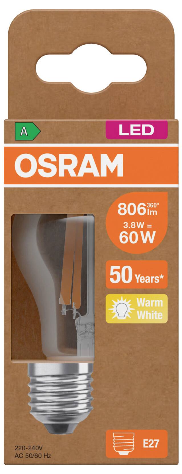 OSRAM LED-pærer emballage, der viser 806 lm, 8,5 W, 60 W ækvivalent, varmhvidt, 50 år, E27 fatning.