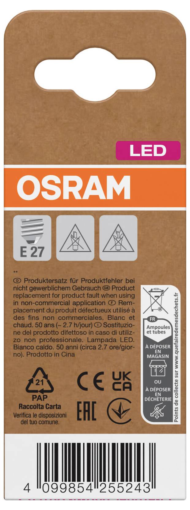 OSRAM LED-pære æske emballage med E27-sokkel, produktikoner, sikkerhedsmærkninger og stregkode.