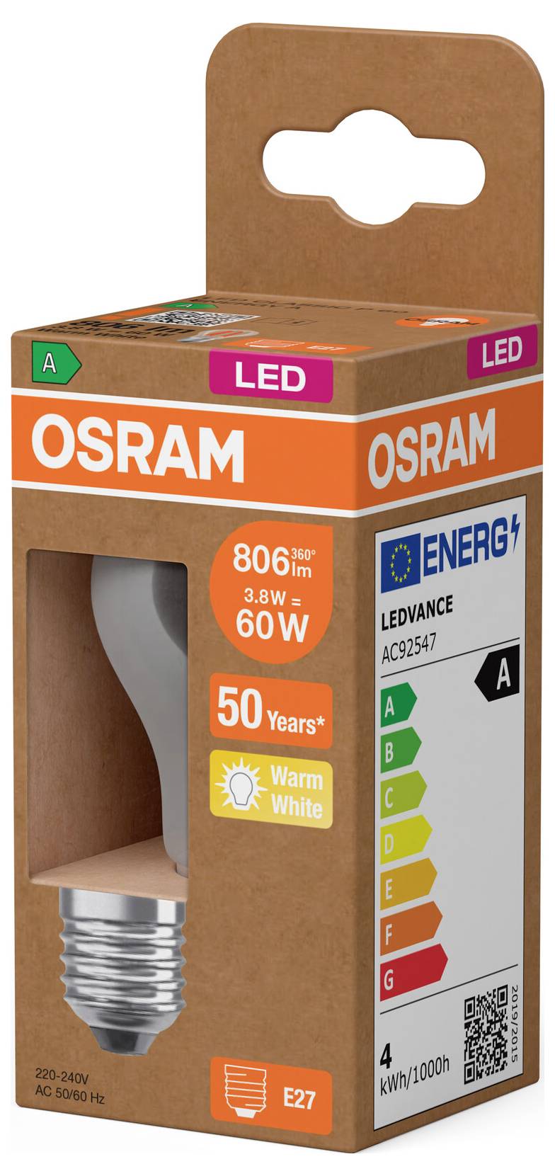 OSRAM LED-pære i kasse med varmhvidt E27-sokkel, 806 lm, 3,8 W, 60W-ækvivalent, 50 års levetid, energiklasse A.