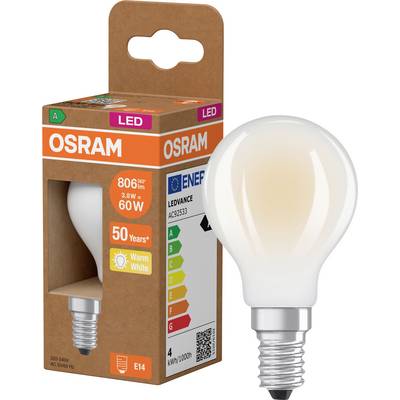 OSRAM LED-pære i emballage, der viser en E14 varmhvid 60W-ækvivalent pære med 806 lumen og energieffektivitetsmærkat.