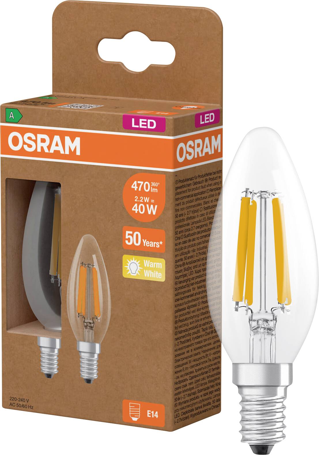 OSRAM LED stearinlyspære i handelskasse, viser E14-sokkel, 470 lumen, 4,2W, 40W ækvivalent, varm hvid, 50.000 timer.