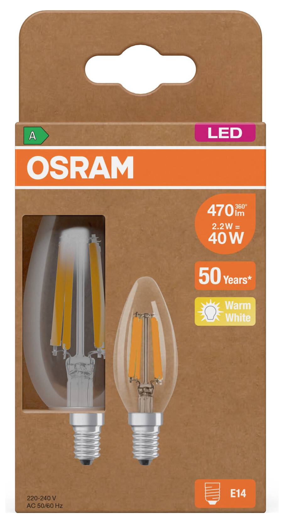 OSRAM LED E14 lyspære emballage, mærket 470 lumen, 2,2W, 40W ækvivalent, varm hvid, 50 år, A-klassificeret.