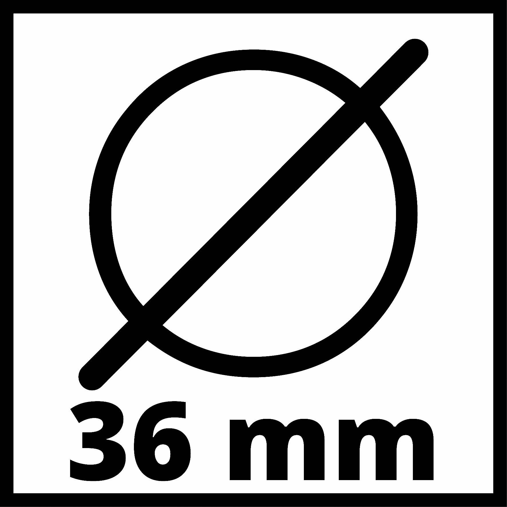 Diameter 36 mm med diagonalt kryds over cirklen.