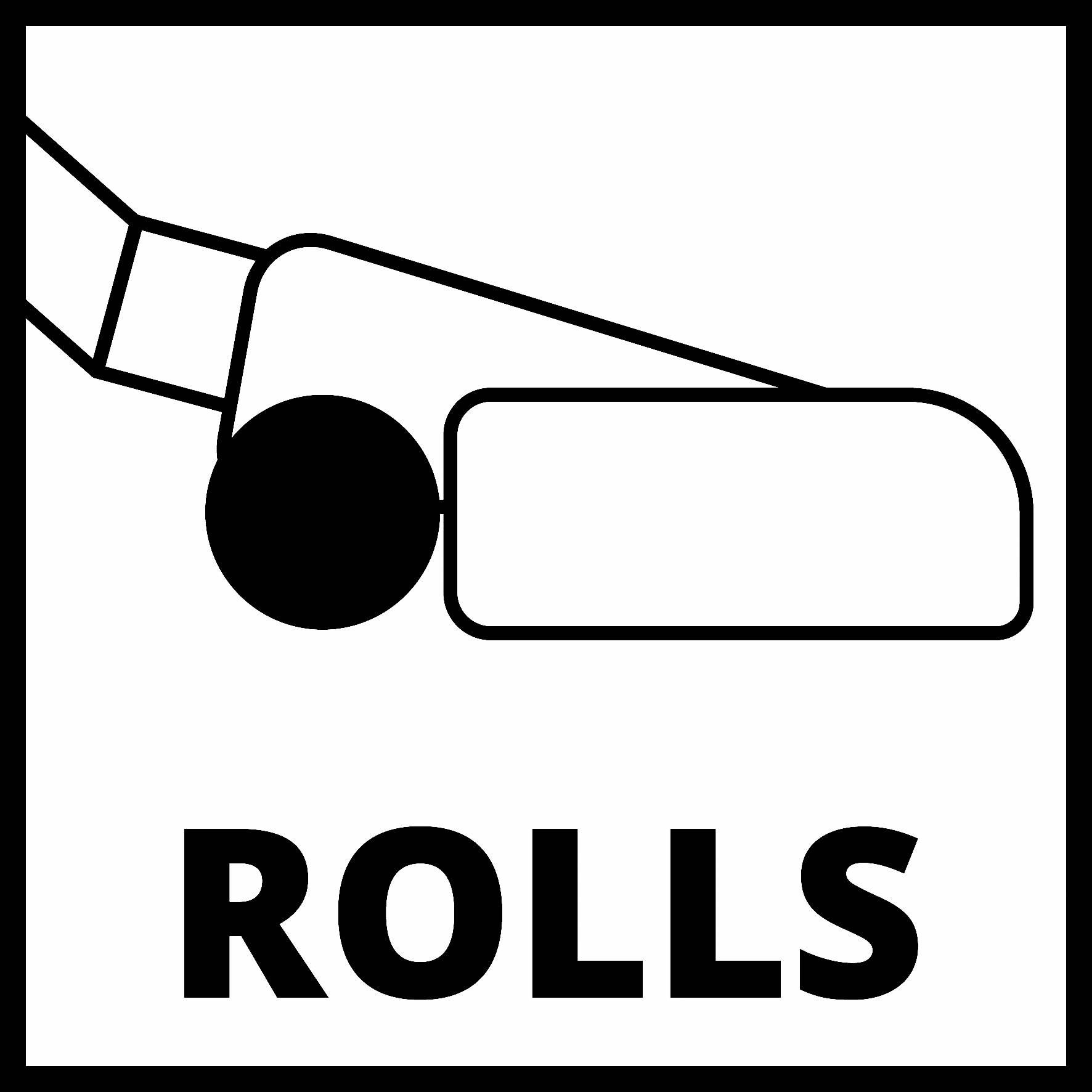 Et symbol viser en kørestol i bevægelse med ordet 'ROLLS' nedenunder.