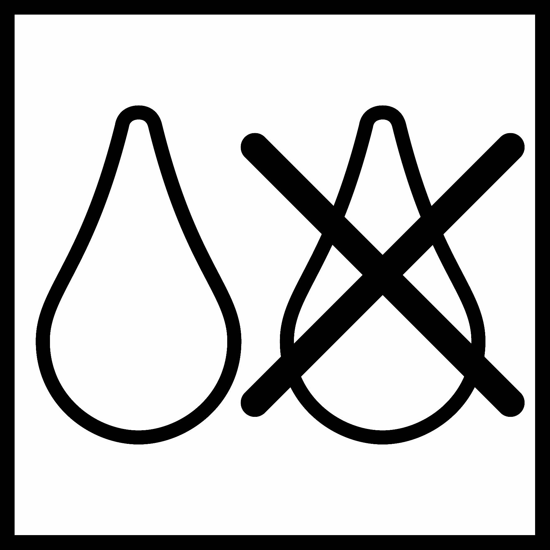 'Tør ikke i tørretumbler'-symbol: Et dråbesymbol til venstre, overstreget til højre. Betyder, at stoffet ikke bør tørres i en tørretumbler.
