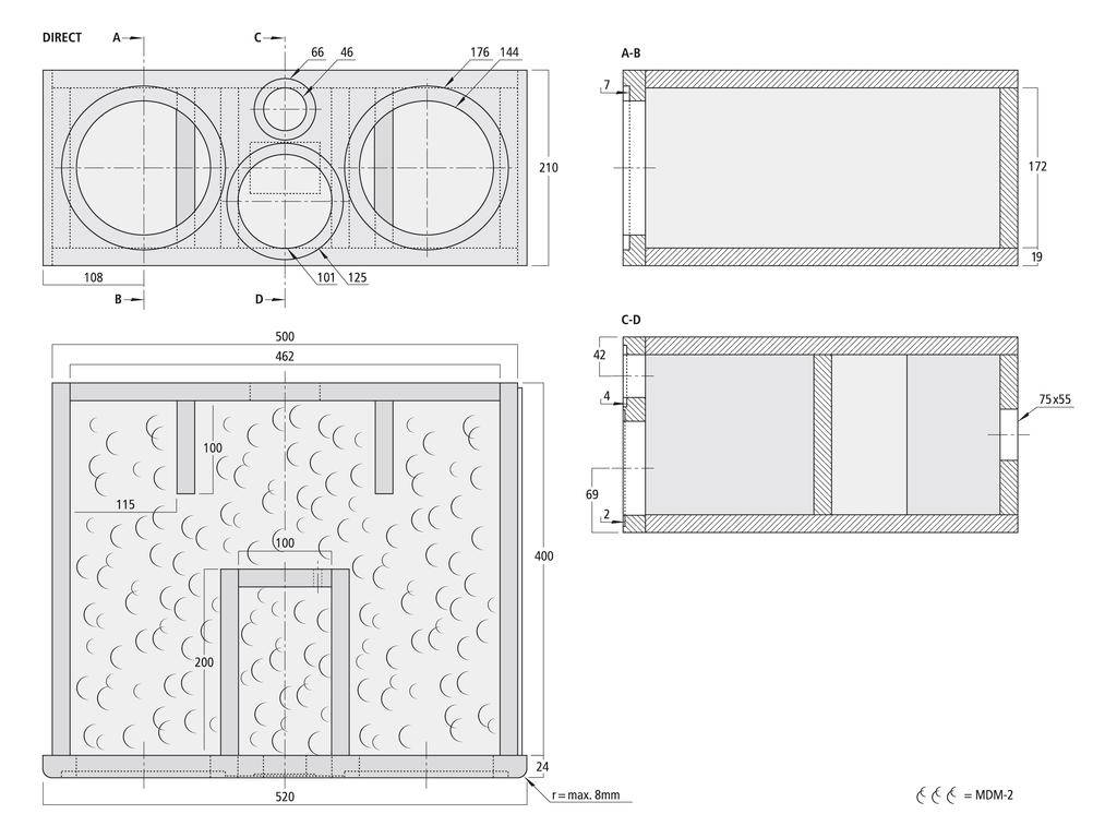 Teknisk tegning af en rektangulær komponent med flere visninger og dimensioner, viser cylindriske fordybninger og detaljeret dimensionering.