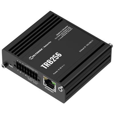 'TRB256' enhed fra Teltonika Networks, en industriel mobilnet-gateway med Ethernet-port, LED-indikatorer og tilslutningsstyring.