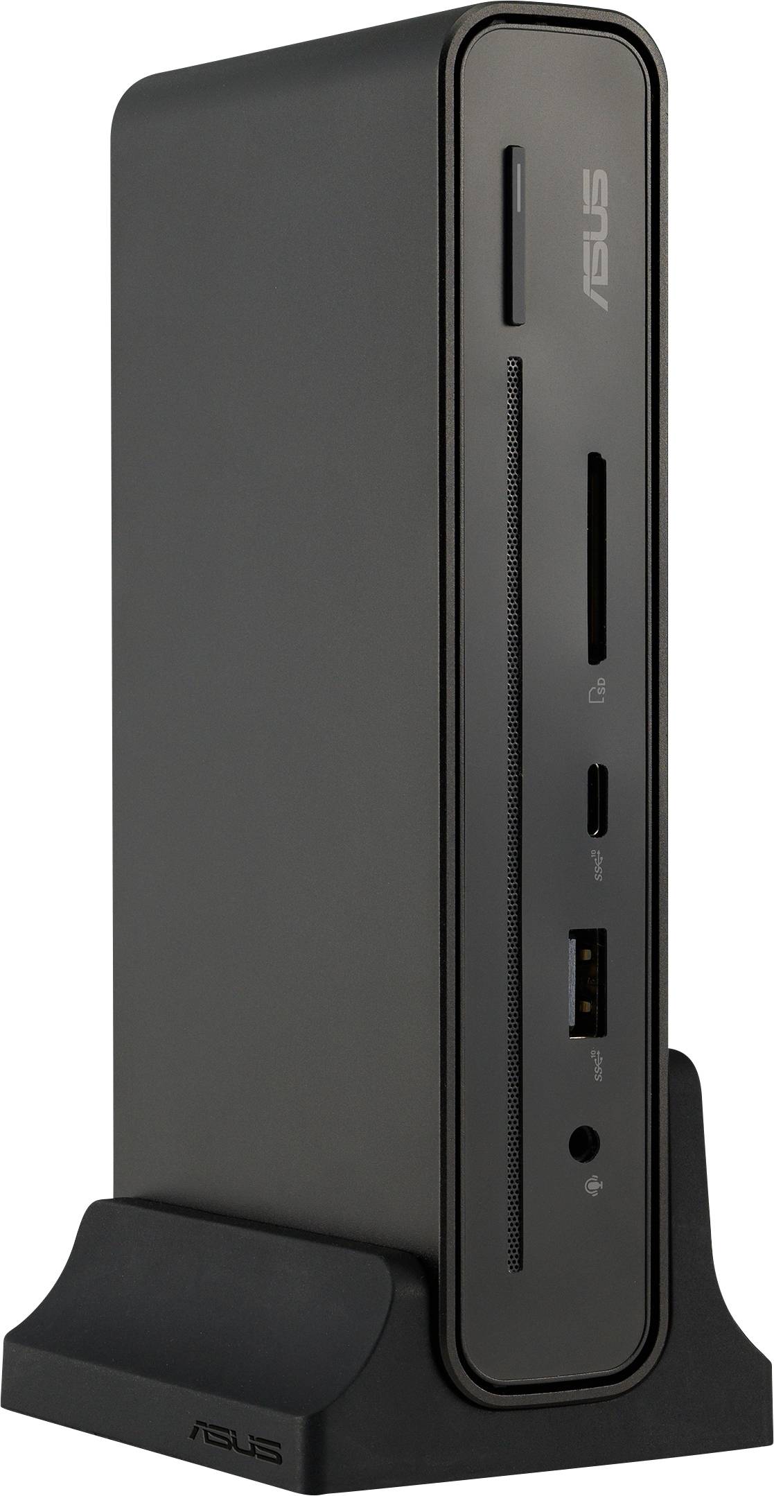 En sort, slank mini-pc fra ASUS, som står i en holder. Forsiden viser tilslutninger til USB, lyd og hukommelseskort.