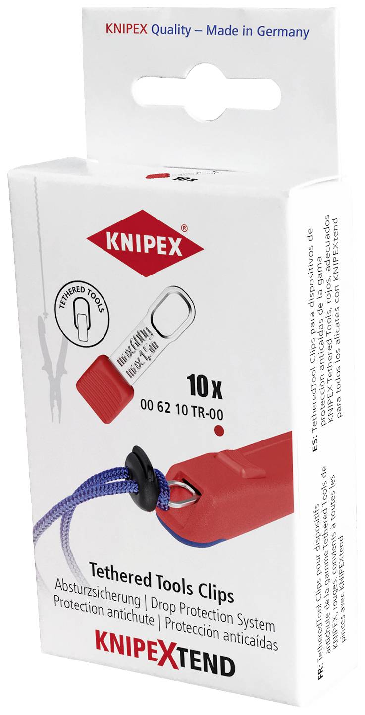 Illustration af en KNIPEX-emballage til 'Tethered Tools Clips', 10 stk., til sikring af værktøj mod nedfald, fremstillet i Tyskland.