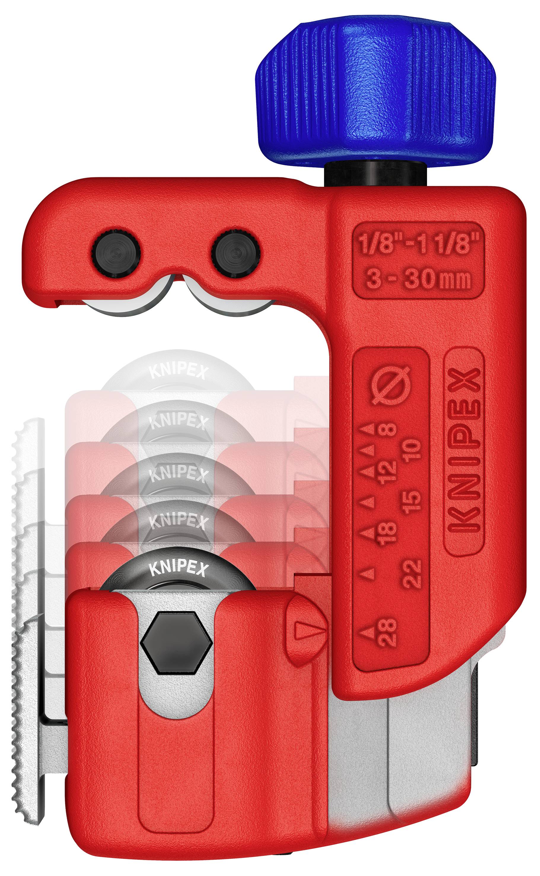 'KNIPEX' rørrør, rød og blå, egnet til rørdiametre fra 3 til 30 mm. Flere klippepositioner vist i bevægelse.