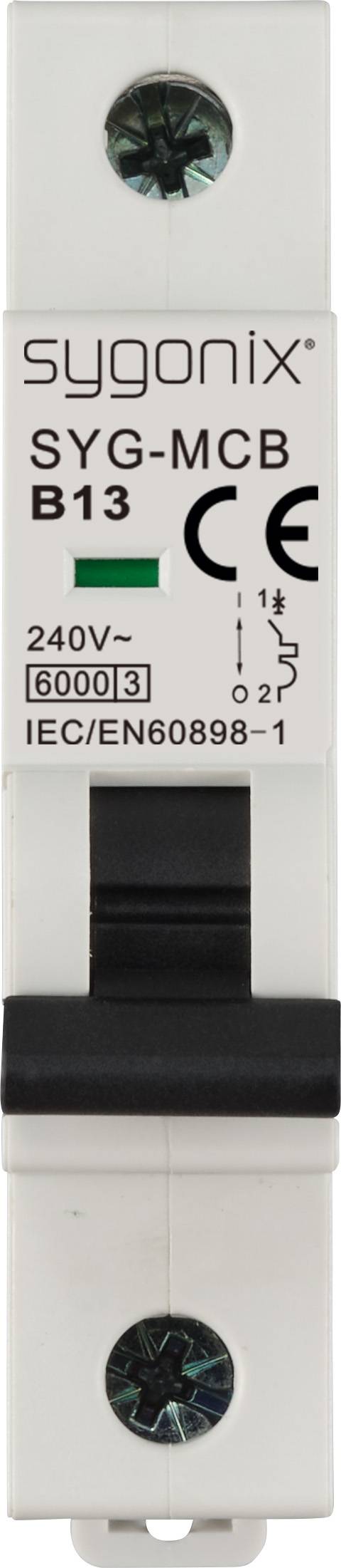 Sikringskontakt fra Sygonix med påskrifterne 'SYG-MCB B13', '240V~ 6000 [3]' og 'IEC/EN60898-1'; CE-mærkning synlig.