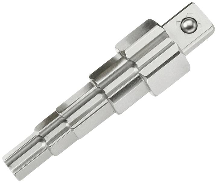 Sølvfarvet, trindelt metalgenstand med rektangulære og cylindriske sektioner og en kugleformet spids øverst.